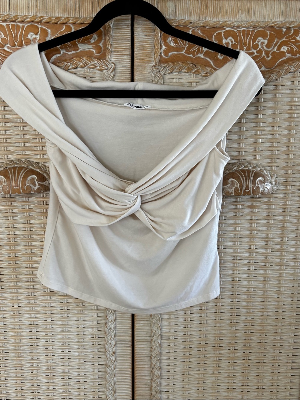 Reformation Cream Off-Shoulder Twist Crop Top